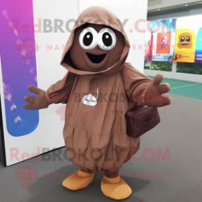 Brown Ghost mascot costume character dressed with a Windbreaker and Messenger bags