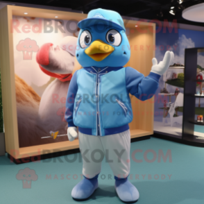 Sky Blue Dove mascot costume character dressed with a Bomber Jacket and Hats