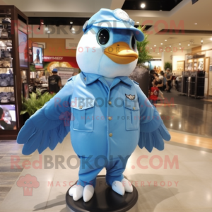 Sky Blue Dove mascot costume character dressed with a Bomber Jacket and Hats