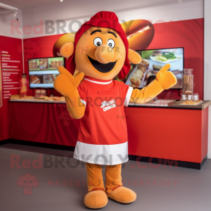 Red Currywurst mascot costume character dressed with a Polo Shirt and Wraps