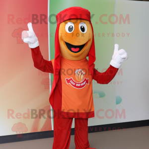 Red Currywurst mascot costume character dressed with a Polo Shirt and Wraps