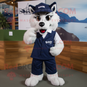 Navy Say Wolf mascot costume character dressed with a Chinos and Reading glasses