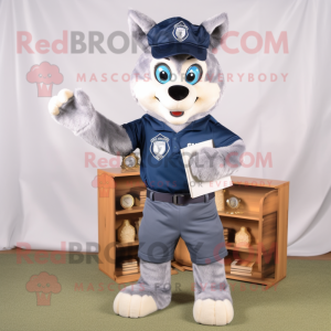 Navy Say Wolf mascot costume character dressed with a Chinos and Reading glasses