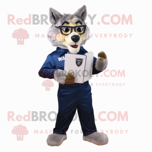 Navy Say Wolf mascot costume character dressed with a Chinos and Reading glasses