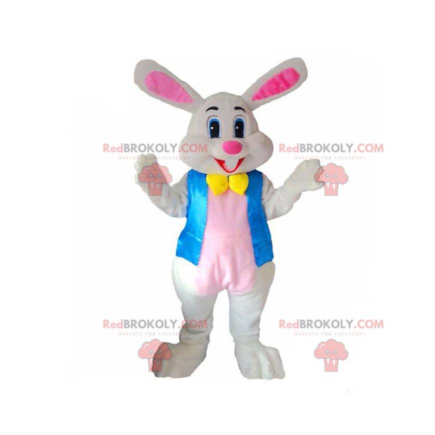 Mascote coelho branco e rosa, fantasia de coelho de pelúcia -