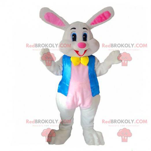 White and pink rabbit mascot, plush bunny costume -