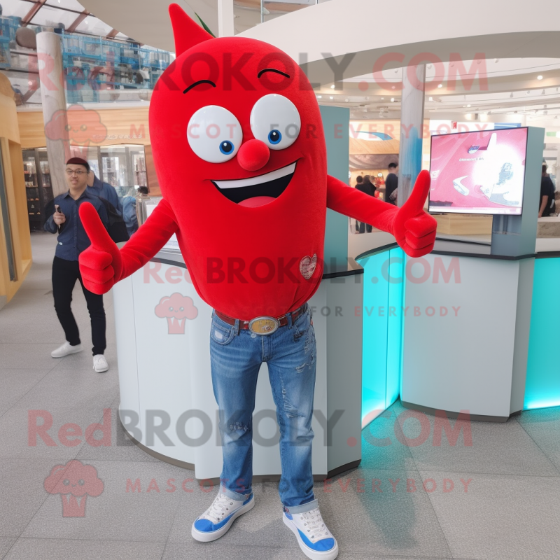 Red Ray mascot costume character dressed with a Boyfriend Jeans and Bracelet watches Red Ray mascot costume character dressed with a Boyfriend Jeans and Bracelet watches