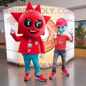 Red Ray mascot costume character dressed with a Boyfriend Jeans and Bracelet watches