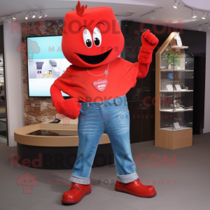 Red Ray mascot costume character dressed with a Boyfriend Jeans and Bracelet watches