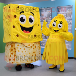 Yellow Lasagna mascot costume character dressed with a Midi Dress and Cummerbunds