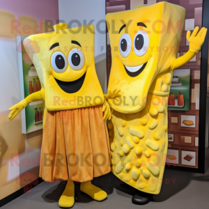 Yellow Lasagna mascot costume character dressed with a Midi Dress and Cummerbunds