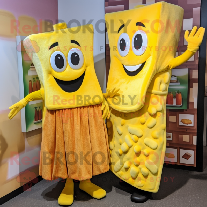 Yellow Lasagna mascot costume character dressed with a Midi Dress and Cummerbunds Yellow Lasagna mascot costume character dressed with a Midi Dress and Cummerbunds