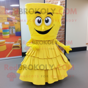 Yellow Lasagna mascot costume character dressed with a Midi Dress and Cummerbunds