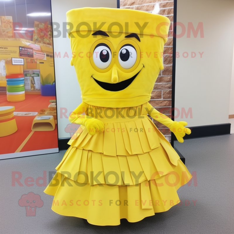 Yellow Lasagna mascot costume character dressed with a Midi Dress and Cummerbunds Yellow Lasagna mascot costume character dressed with a Midi Dress and Cummerbunds
