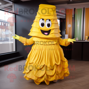 Yellow Lasagna mascot costume character dressed with a Midi Dress and Cummerbunds