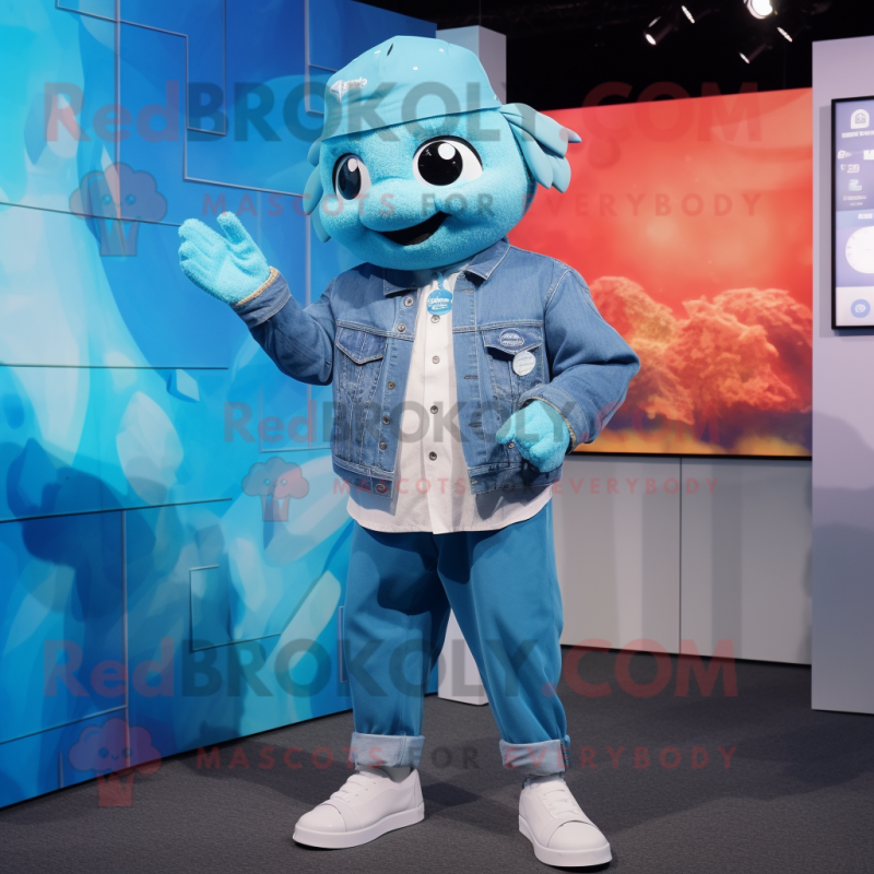 Cyan Cod mascot costume character dressed with a Chambray Shirt and Smartwatches Cyan Cod mascot costume character dressed with a Chambray Shirt and Smartwatches