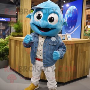 Cyan Cod mascot costume character dressed with a Chambray Shirt and Smartwatches