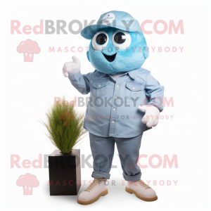 Cyan Cod mascot costume character dressed with a Chambray Shirt and Smartwatches