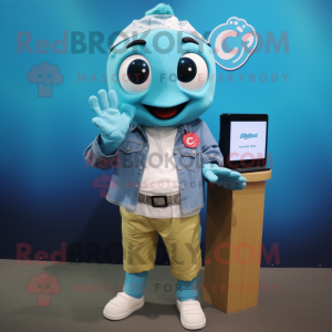 Cyan Cod mascot costume character dressed with a Chambray Shirt and Smartwatches