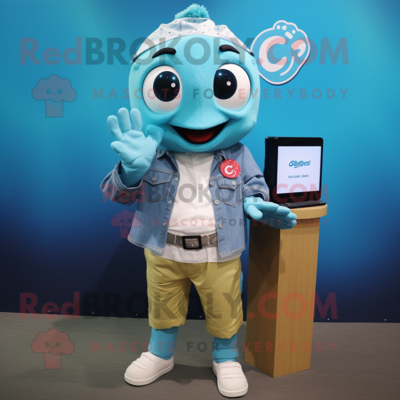 Cyan Cod mascot costume character dressed with a Chambray Shirt and Smartwatches Cyan Cod mascot costume character dressed with a Chambray Shirt and Smartwatches