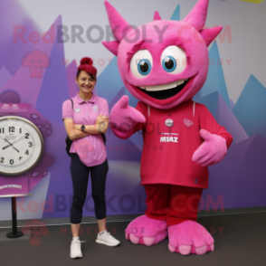 Magenta Tooth Fairy mascot costume character dressed with a Oxford Shirt and Digital watches