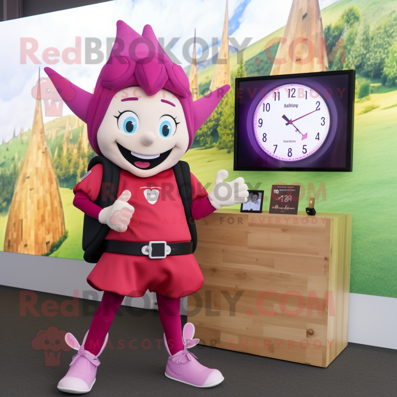 Magenta Tooth Fairy mascot costume character dressed with a Oxford Shirt and Digital watches
