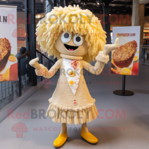 Cream Paella mascot costume character dressed with a Flare Jeans and Hair clips