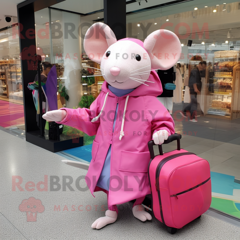 Pink Rat mascot costume character dressed with a Raincoat and Messenger bags Pink Rat mascot costume character dressed with a Raincoat and Messenger bags