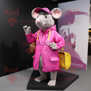 Pink Rat mascot costume character dressed with a Raincoat and Messenger bags