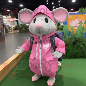 Pink Rat mascot costume character dressed with a Raincoat and Messenger bags