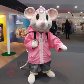 Pink Rat mascot costume character dressed with a Raincoat and Messenger bags