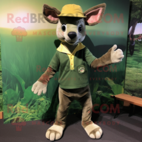 Forest Green Kangaroo mascot costume character dressed with a Henley Shirt and Beanies