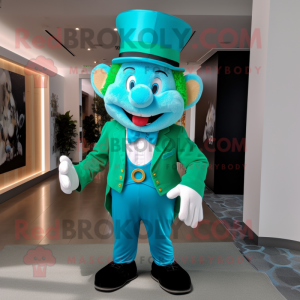 Sky Blue Leprechaun mascot costume character dressed with a Board Shorts and Bow ties