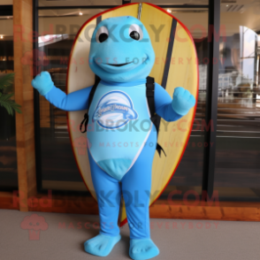 Sky Blue Surfboard mascot costume character dressed with a Turtleneck and Suspenders