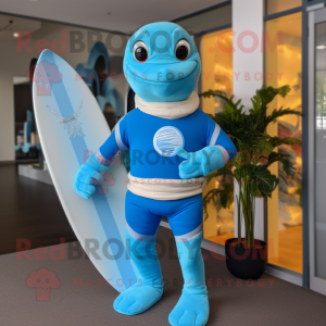 Sky Blue Surfboard mascot costume character dressed with a Turtleneck and Suspenders