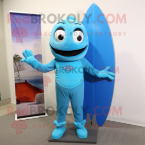 Sky Blue Surfboard mascot costume character dressed with a Turtleneck and Suspenders