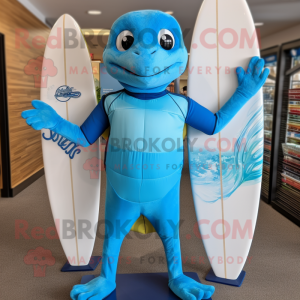 Sky Blue Surfboard mascot costume character dressed with a Turtleneck and Suspenders