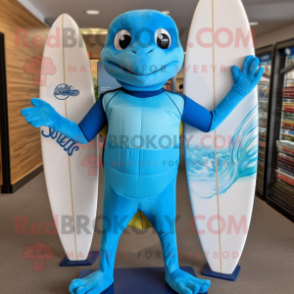Sky Blue Surfboard mascot costume character dressed with a Turtleneck and Suspenders