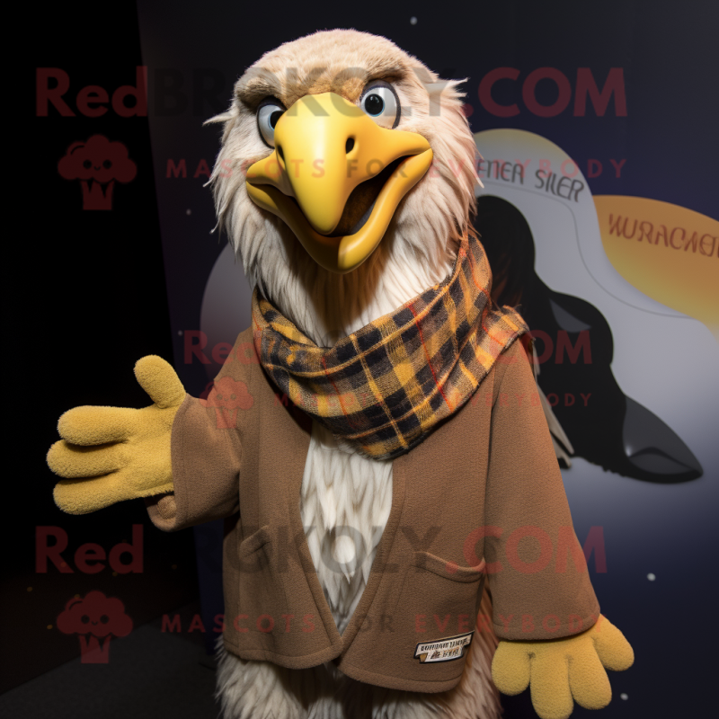 Tan Haast'S Eagle mascot costume character dressed with a Cardigan and Wraps Tan Haast'S Eagle mascot costume character dressed with a Cardigan and Wraps