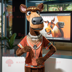 Brown Okapi mascot costume character dressed with a Henley Shirt and Necklaces