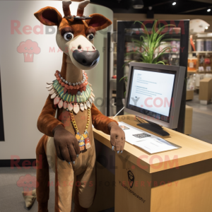 Brown Okapi mascot costume character dressed with a Henley Shirt and Necklaces