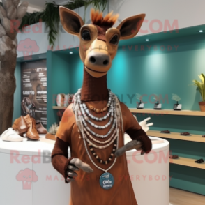 Brown Okapi mascot costume character dressed with a Henley Shirt and Necklaces