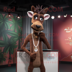 Brown Okapi mascot costume character dressed with a Henley Shirt and Necklaces