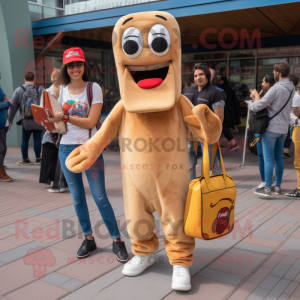 Tan Hot Dog mascot costume character dressed with a Boyfriend Jeans and Handbags