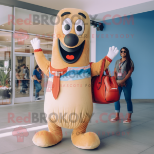 Tan Hot Dog mascot costume character dressed with a Boyfriend Jeans and Handbags