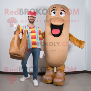 Tan Hot Dog mascot costume character dressed with a Boyfriend Jeans and Handbags