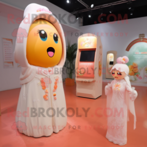 Peach Phone mascot costume character dressed with a Wedding Dress and Shawls