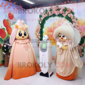 Peach Phone mascot costume character dressed with a Wedding Dress and Shawls