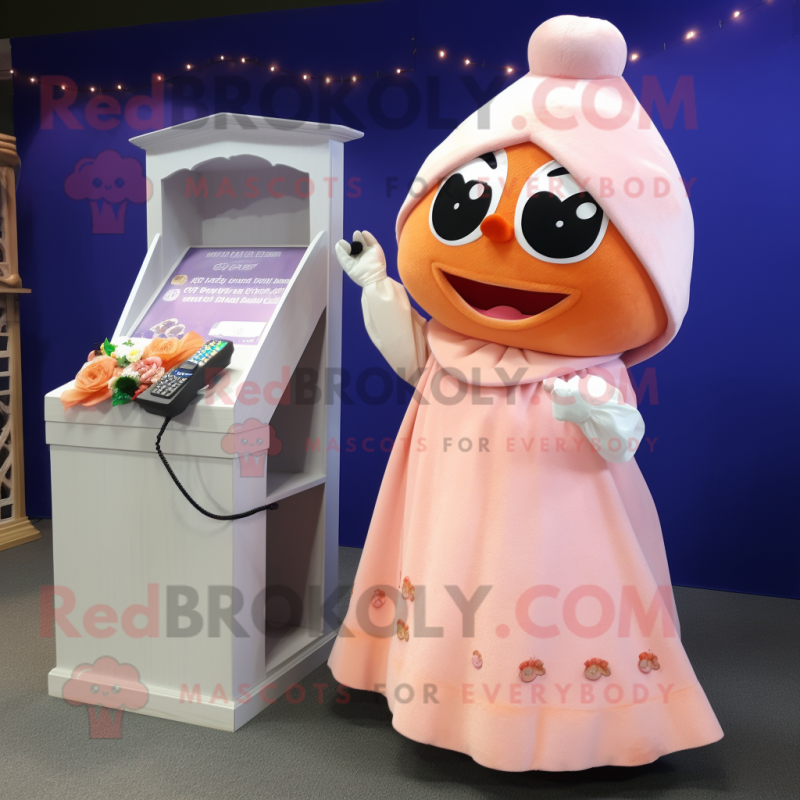 Peach Phone mascot costume character dressed with a Wedding Dress and Shawls Peach Phone mascot costume character dressed with a Wedding Dress and Shawls