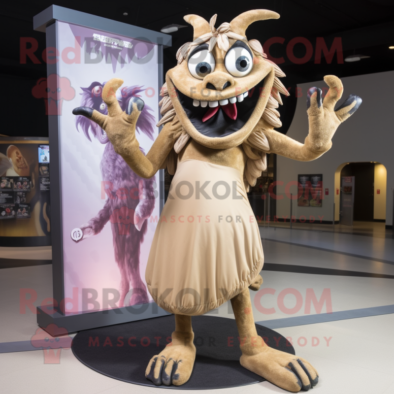 Tan Demon mascot costume character dressed with a Maxi Dress and Gloves